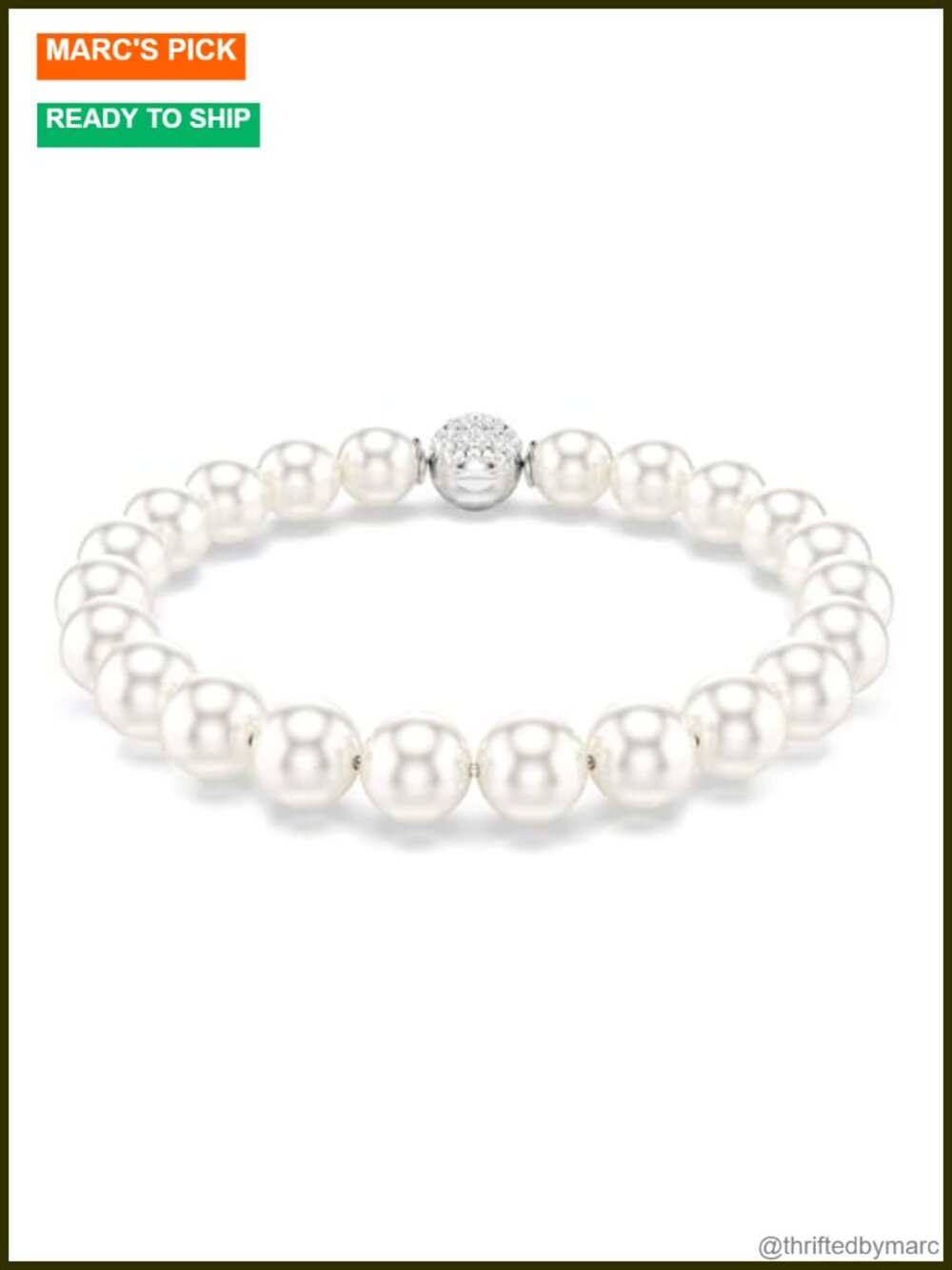 Rhodium Plated Crystal Pearl Bracelet 6.5-7.875 Inch Adjustable